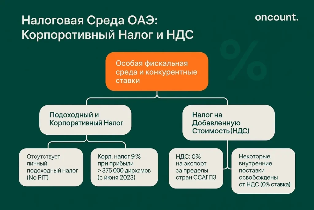 Инфографика налоговой системы ОАЭ: ставки корпоративного налога, НДС и преимущества для компаний свободных зон.
