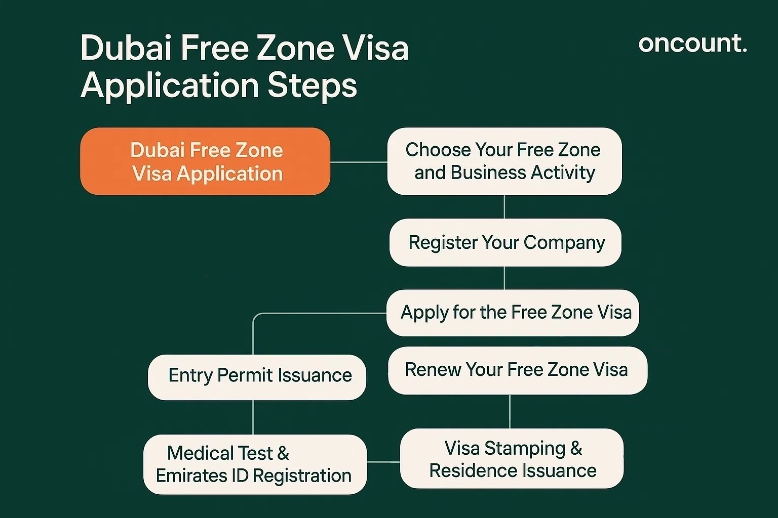 Infographic showing the step-by-step process to obtain a Dubai free zone residency visa.