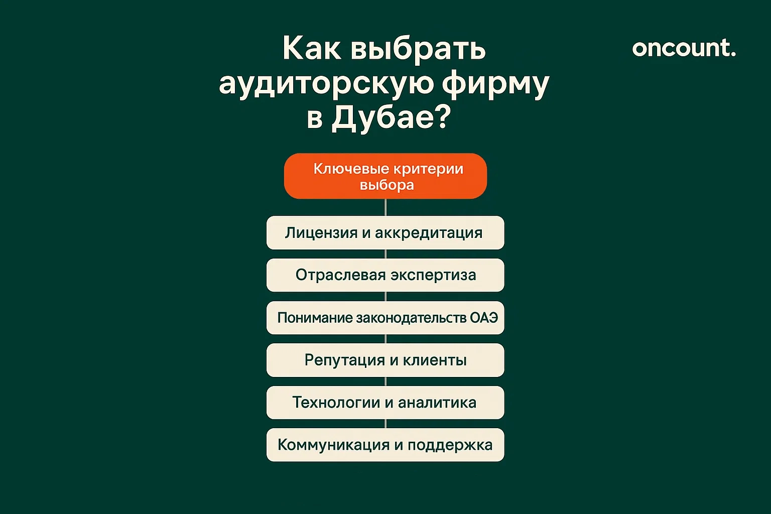 Инфографика, описывающая основные критерии выбора аудиторской фирмы в Дубае.