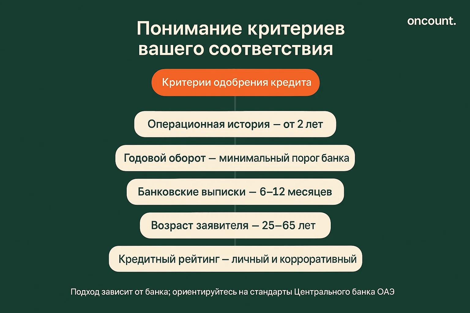 Инфографика, подробно описывающая ключевые критерии для получения бизнес-кредита в ОАЭ, включая операционную историю, оборот и кредитный рейтинг.