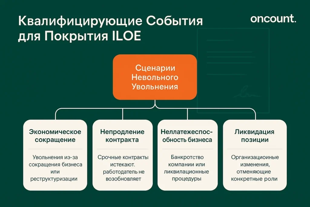 Инфографика, детализирующая квалифицирующие события для покрытия ILOE при невольном увольнении: Экономическое сокращение, Непродление контракта, Неплатежеспособность бизнеса, Ликвидация позиции.