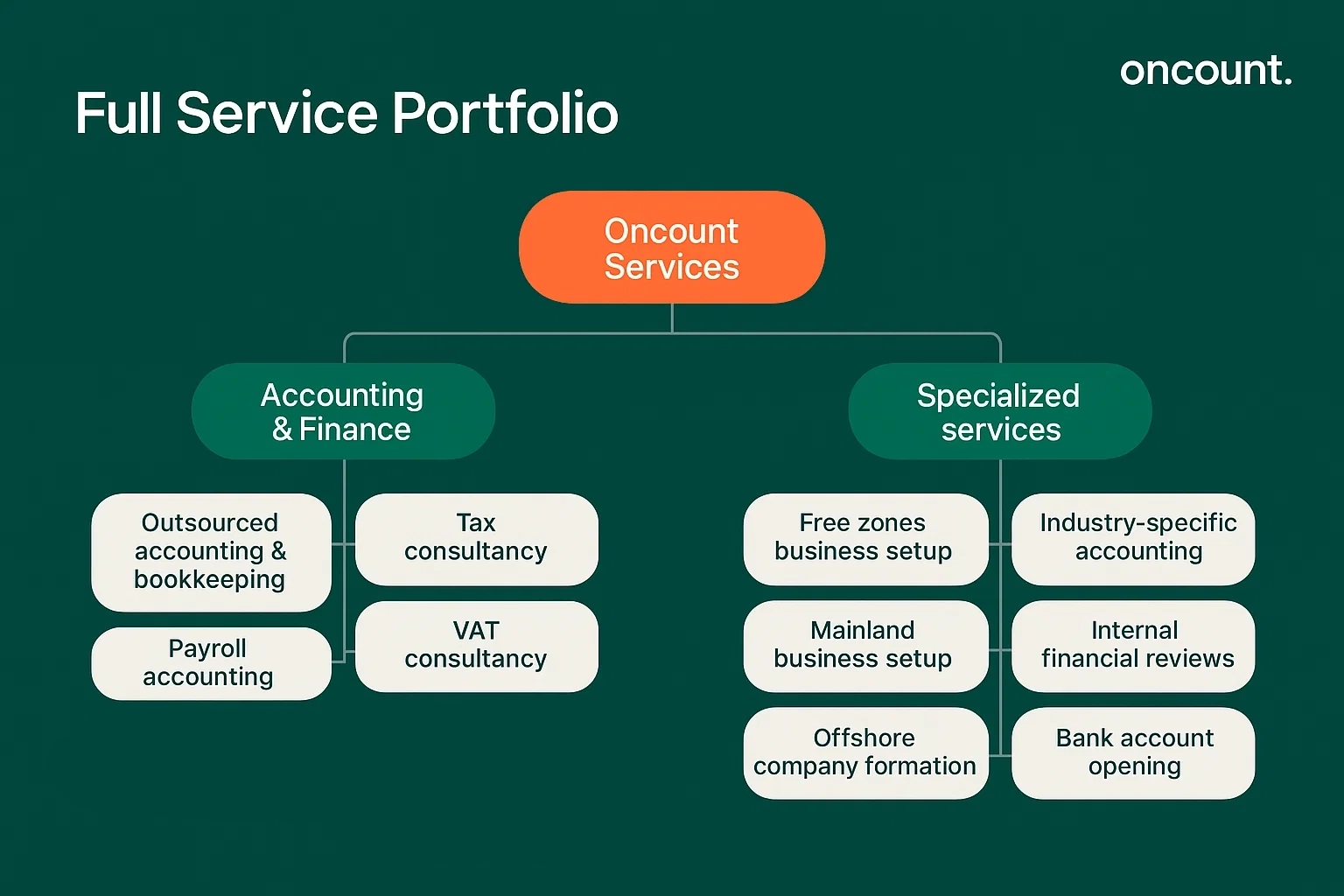 A decision-tree style infographic showing the service portfolio of Oncount, with various financial and business setup services.