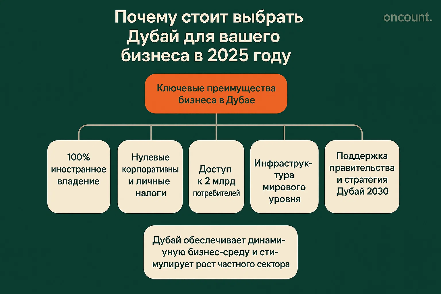 Инфографика, демонстрирующая ключевые преимущества открытия бизнеса в Дубае, включая 100% иностранное владение и налоговые льготы.