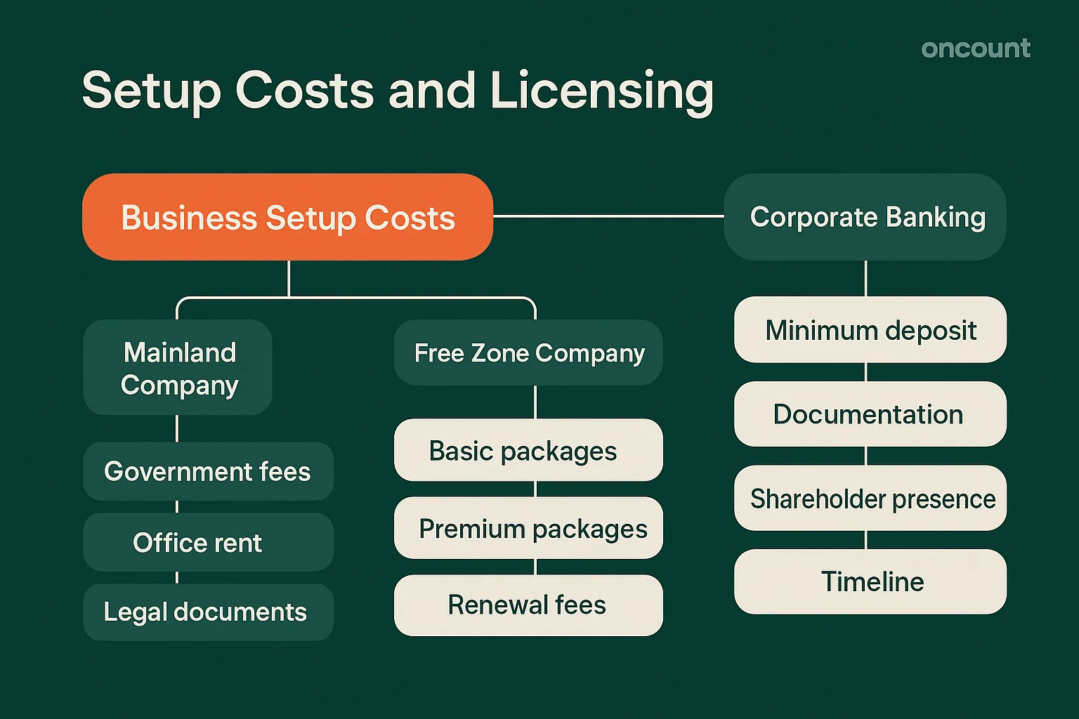 Costs and licensing overview in Dubai with setup fees for mainland and free zone companies.