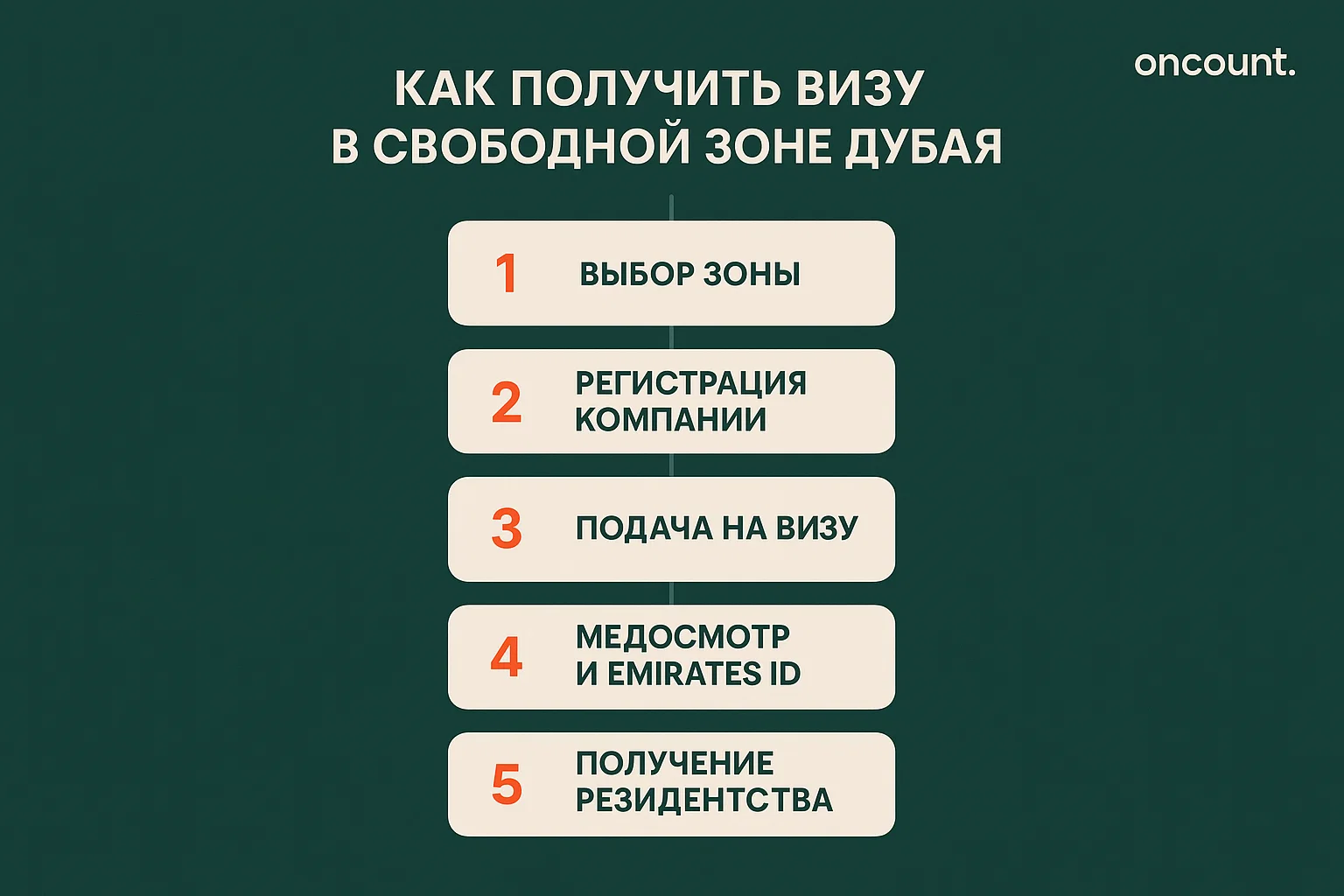 Инфографика, показывающая пошаговый процесс получения резидентской визы в свободной зоне Дубая.