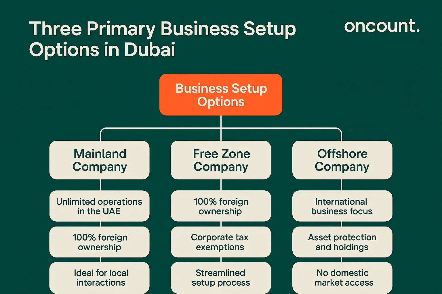 Business setup options in Dubai infographic showing mainland, free zone, and offshore companies.