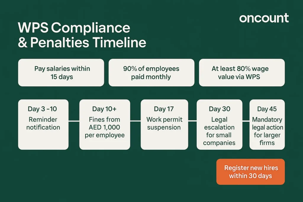 WPS compliance and penalties timeline in the UAE showing salary delay consequences.