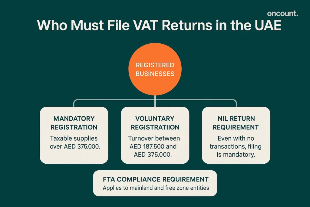 Who files VAT returns in the UAE — mandatory, voluntary, and nil return categories.