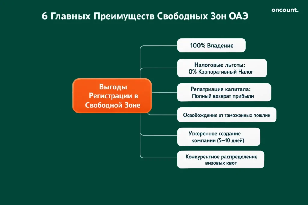 Инфографика, перечисляющая шесть основных преимуществ для иностранного бизнеса, регистрирующегося в свободных зонах ОАЭ, включая налоги и владение.
