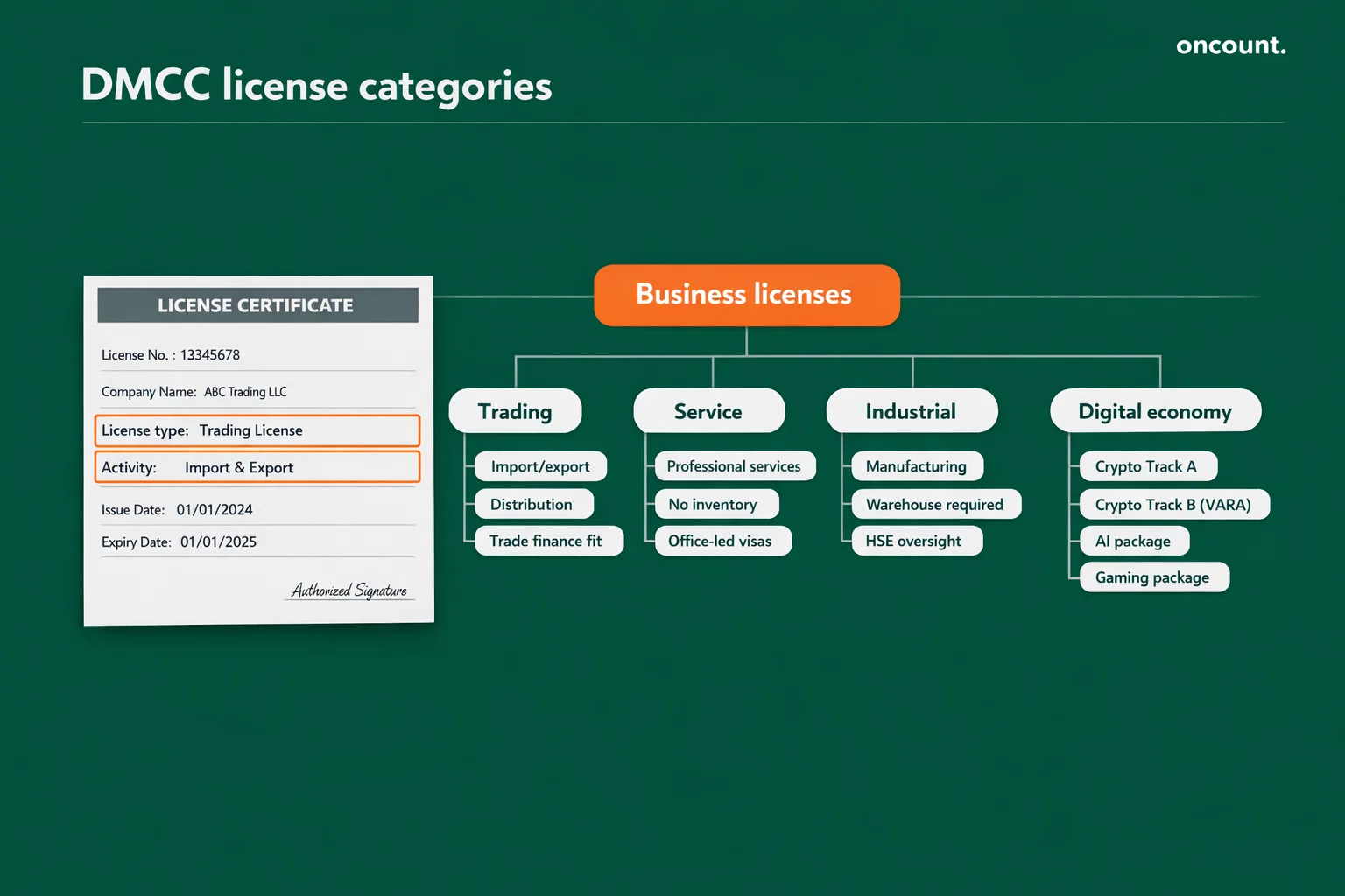 Types of business licenses in DMCC free zone and digital packages.